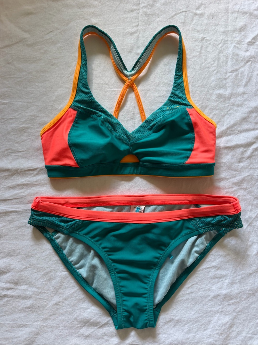 Nike Teal and Coral Sport Bikini with Yellow Trim